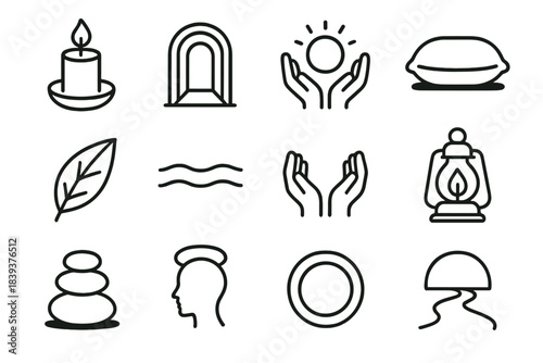 Serene Sanctuary Icons. Sacred Sanctuary linear set: soft candle, quiet archway, gentle glow, resting cushion, serene leaf, calm water line, protective hands, warm lantern,