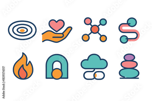 Minimal Wellbeing Icons. Shared Wellbeing flat set: soothing ripple, caring gesture, connected nodes, open path, gentle flame, supportive arch, shared cloud, linked stones.