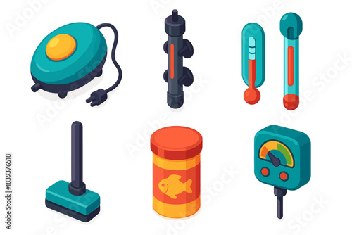 Colorful Fish Care Icons. Fish Care Essentials flat isometric set: air pump, heater rod, tank thermometer, fish food container, algae scraper, condition meter.