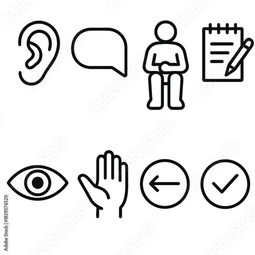 Active Listening Symbols. Active listening symbols set linear set: focused ear, open speech bubble, attentive posture icon, note-taking pad, eye contact symbol, calm gesture hand,