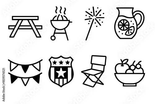 Independence Day Icons. Independence Day community gathering set linear set: picnic table, grill, sparkler, lemonade pitcher, bunting flags, community badge, folding chair, fruit