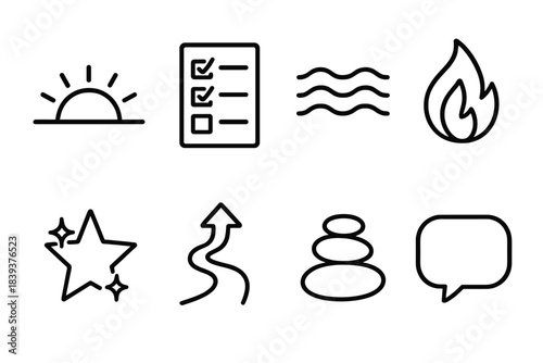 Morning Motivation Icons. Morning Inspiration Set linear set: dawn horizon, intention checklist, calm breath waves, motivation flame, hopeful star, guided path arrow, progress