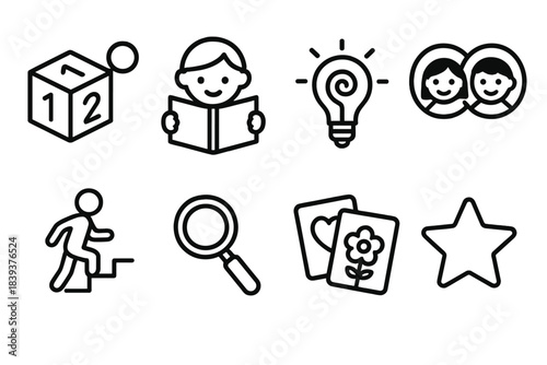 Child Development Icons. Child Development Support Set linear set: motor skills cube, reading book, creativity swirl, social interaction icon, milestone steps, curiosity lens,