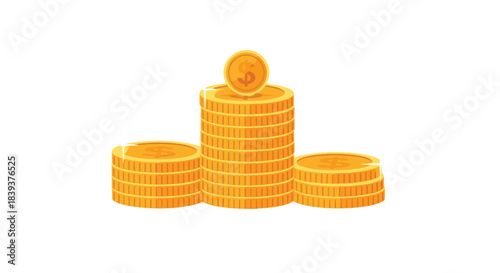 Three stacks of golden dollar coins of different heights representing finance savings investment or business profit.