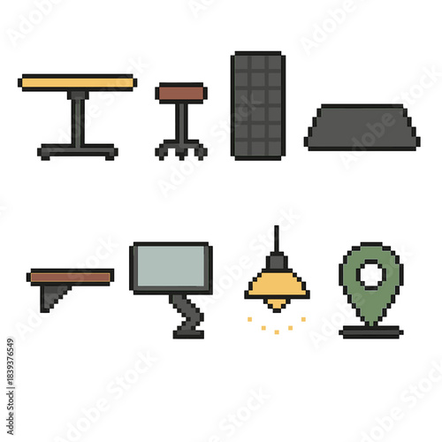 Flexible Workspace Icons. Flexible Work Zones pixel style set: movable table, swivel stool, acoustic panel, floor mat, wall shelf, monitor arm, soft light, space marker.