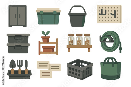 Outdoor Storage Icons. Outdoor Storage Essentials set of icons in flat pixel vector style: storage cabinet, utility chest, garden bucket, pegboard hooks, stackable totes, potting