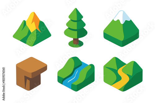 Mountain Icons Set. Mountain Environments isometric flat set: rocky peak, alpine tree, snow cap, cliff ledge, mountain stream, valley path.