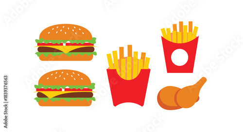 Set of classic fast food items including two cheeseburgers two boxes of french fries and a fried chicken leg.
