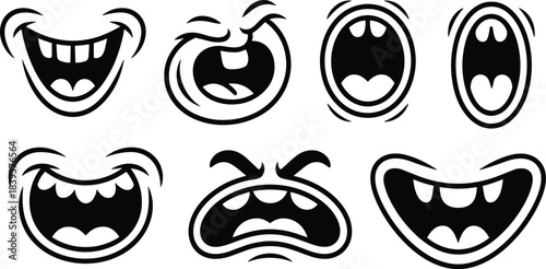Vintage Cartoon Mouth Expressions Retro Emotions Laughing Shouting and Angry Faces Set
