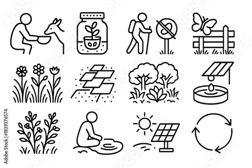 Eco-Friendly Icons. Nature-Human Harmony linear set: shared water bowl symbol, seed-saving jar, trail respect sign, wildlife-safe boundary, restored meadow, permeable path, shade