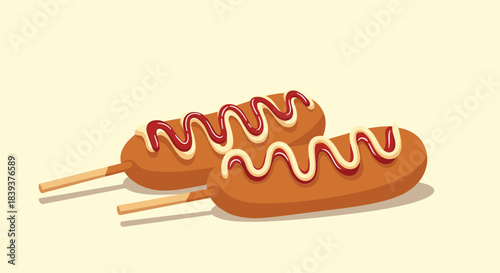Two delicious corn dogs on wooden sticks drizzled with ketchup and mayonnaise on a light yellow background.