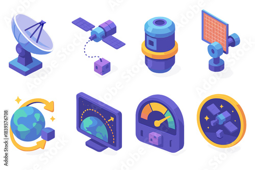 Orbital Debris Icons. Orbital Debris Management Set flat isometric set: monitoring dish, retrieval tether, debris-collection pod, drag panel node, stable deorbit icon, avoidance