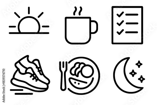 Daily Life Icons. Daily life moments linear set: morning sun, coffee mug, task list, walking shoes, meal plate, bedtime moon.