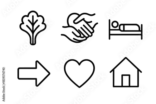 Community Health Icons. Neighborhood Health Symbols linear set: leafy veggie, shared care gesture, rest icon, movement arrow, wellbeing heart, simple home.