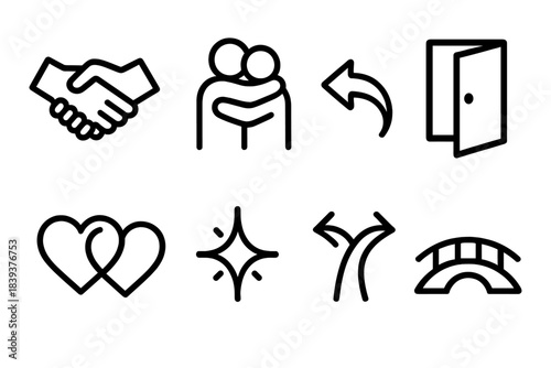 Forgiveness Icons Set. Relationship Forgiveness Icons linear set: handshake, warm embrace, softened arrow, open door, reconciled hearts, trust spark, shared path, gentle bridge.