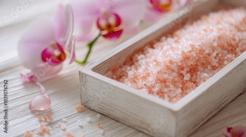Wallpaper Mural Pink Himalayan salt in wooden bowl with orchid flowers and petals Torontodigital.ca