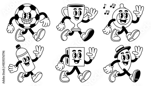 Vintage Cartoon Soccer Music and Drink Mascot Characters Retro Cute Vector Set