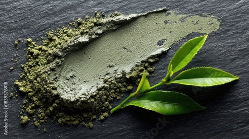 Wallpaper Mural Green Tea Powder with Fresh Leaves on Black Slate Background Torontodigital.ca