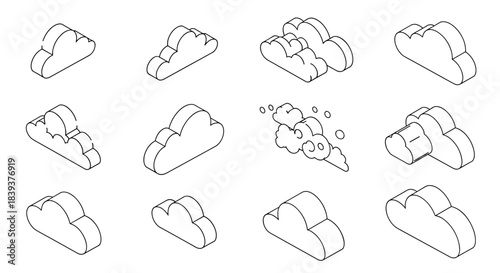 Set of twelve different isometric cloud shapes in a simple black and white outline style for weather or sky icons.