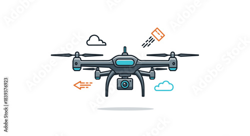 Modern delivery drone with a camera flying in the sky with various icons representing delivery and navigation.