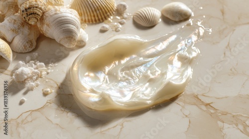 Lustrous Shell with Mother of Pearl on Marble Surface Background