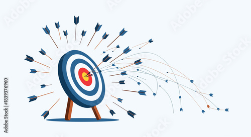 Concept of failure and success with many arrows missing a target while one hits the bullseye in the center.
