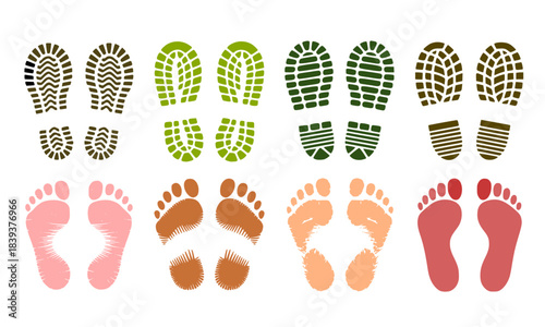 Set of Footprints and Shoeprints, Human Bare Feet and Boots Tread Marks Collection, Vector Illustration for Hiking, Travel, and Tracking Concepts