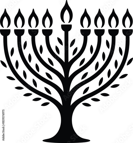 Black menorah with nine flames and leaves hanukkah