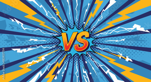 Dynamic comic book style background with the word VS in the center surrounded by lightning bolts and radial lines.
