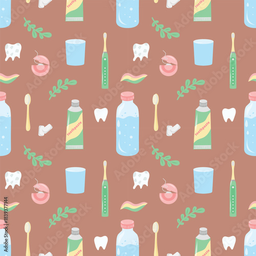 Dental care seamless pattern, background. Tooth and oral care seamless pattern, healthcare tile. Toothpaste and brush repeat