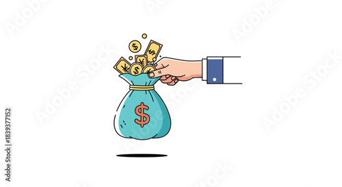 Cartoon hand holding a floating blue money bag filled with gold coins and paper currency on a white background.