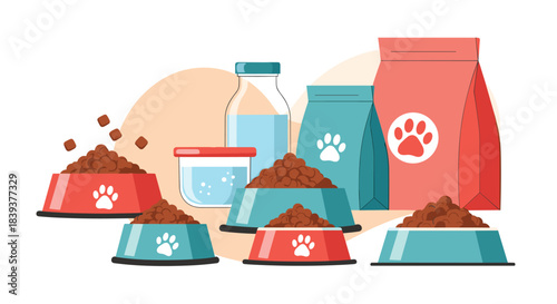 Assortment of dry pet food in bowls with large bags of kibble and containers of water for cats and dogs.