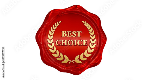 Shiny red wax seal stamp with gold laurel wreath design indicating best choice isolated on transparent background