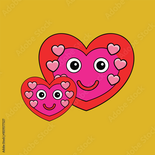 Groovy heart shapes with smiley faces and outline isolated on orange background.eps