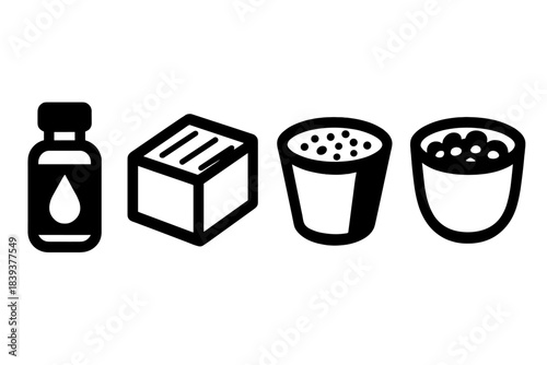 Bold Soap Icons. Handcrafted Soap Supplies silhouette set: fragrance vial, melt-and-pour block, texture add-in cup.