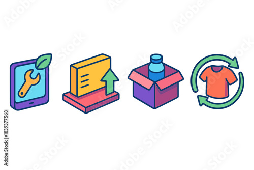 Sustainable Product Icons. Sustainable Product Life Models flat isometric set: repair-ready panel, upgrade-path strip, reuse-loop bar.