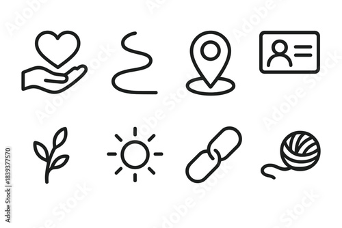 Community Care Icons. Neighborhood Wellbeing linear set: heart-in-hand icon, open path line, safe space marker, community guide card, supportive branch, soft glow orb, linking