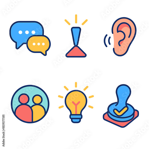 Conversation Icon Set. Constructive Conversation isometric flat set: dialogue bubbles, clarity beam, listening ear, shared circle, idea spark, agreement stamp.
