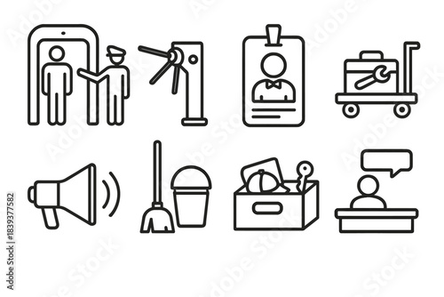 Stadium Operations Icons. Stadium Operations Set linear set: security check, turnstile entry, usher badge, maintenance cart, PA speaker, cleaning tools, lost-and-found box, service