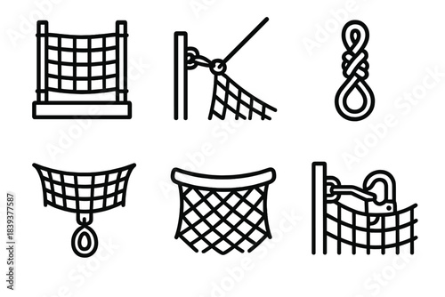 Safety Net Icons. Safety Net Support linear set: reinforced frame, tension cable, secure knot, foothold loop, padded edge, safety latch.