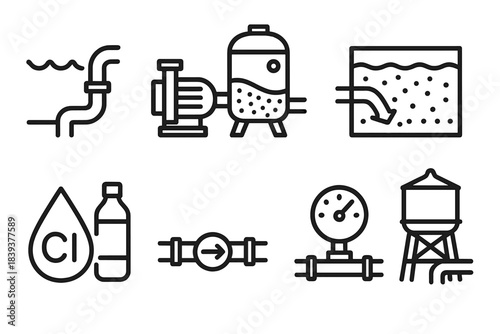 Water Treatment Icons. Water Supply & Treatment linear set: intake pump, filtration tank, sediment basin, chlorine dose icon, clean water pipe, pressure valve, storage tower,