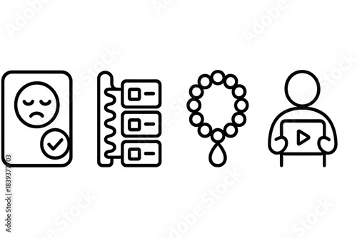Wellness App Icons. Wellness App Systems linear set: emotional-check panel, habit-tracking coil, guided-practice bead.