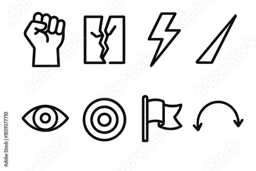 Symbolic Resistance Icons. Resistance Pulse linear set: lifted fist, fractured barrier, charged bolt, forward slash mark, unwavering eye, power ripple, challenge flag, tension arc.
