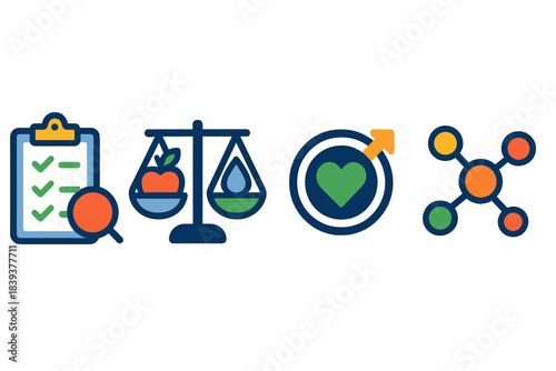 Sustainable Shopping Icons. Ethical Consumption Practices flat set: consumption-audit panel, resource-balance bead, impact-tracking node.