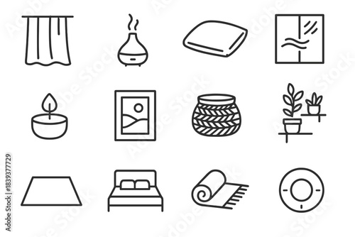 Serene Interior Icons. Serene Environment Elements linear set: soft curtain fold, aroma diffuser, quiet corner cushion, gentle breeze window, warm glow candle, calm wall art,