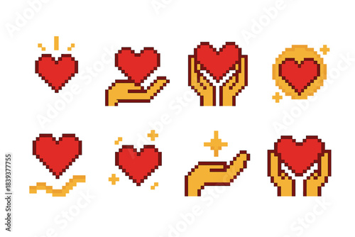 Emotional Generosity Icons. Emotional Generosity pixel style set: heart beam, caring gesture, empathy hands, warm bubble, supportive wave, gentle glow, comfort spark, shared