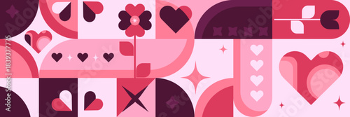 Abstract Valentines Day border banner with geometric hearts, flowers, arrows, and stars for banners, greeting cards, web headers, romantic ads, and holiday branding. Vector illustration