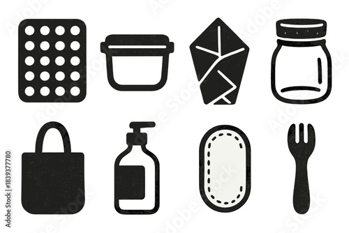 Eco Home Icons. Low-waste home goods silhouette set: silicone mat, reusable container, cotton wrap, cork jar lid, fabric tote, refill bottle, washable pad, bamboo utensil.