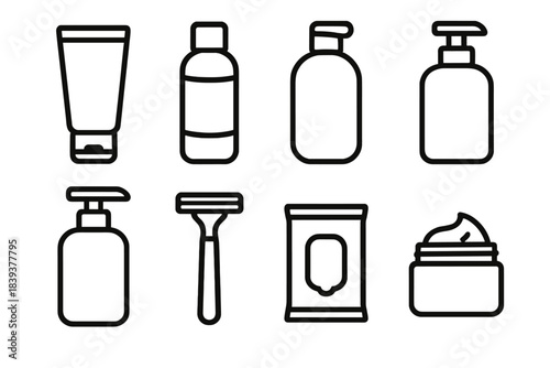 Personal Care Icons. Personal Care Toiletries Set linear set: gentle cleanser, hydrating toner, body wash, shampoo pump, conditioner pump, grooming razor, cleansing cloth pack,