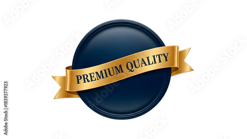Premium quality seal emblem with a dark blue circle and a golden ribbon banner isolated on transparent background